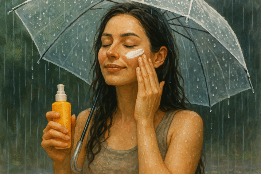 Mujer aplica protector solar bajo la lluvia